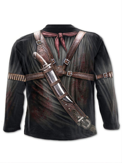 Men's Loose T-Shirt, Retro Casual Pistol Skull Print Crew Neck Long Sleeve Top