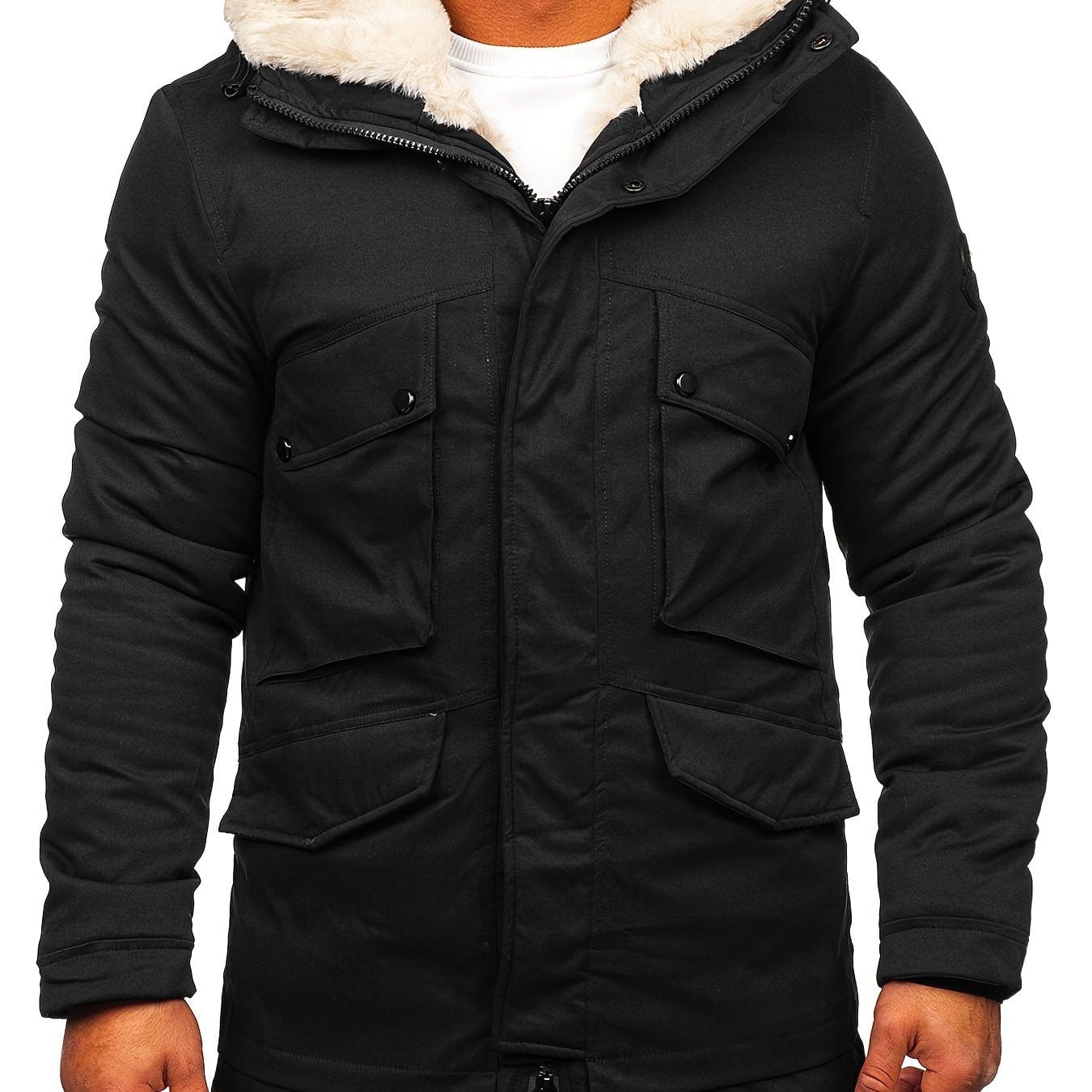 Men's Faux Fur Thickened Pocket Zipper Parka Jacket Coat For Winter
