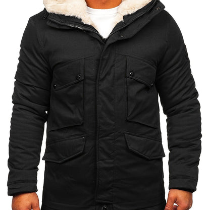 Men's Faux Fur Thickened Pocket Zipper Parka Jacket Coat For Winter