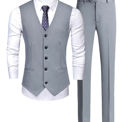 Men's Classic Gentlemen Formal Suits With Slim Fit V-neck Vest Jacket & Pants Set For Party Business