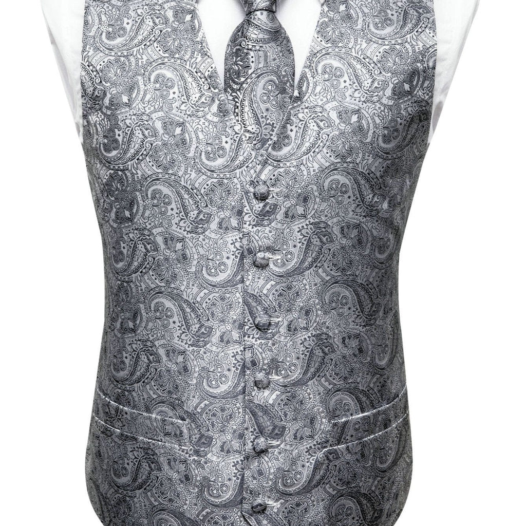Men's Gray Paisley V-neck Suit Vest And Tie Set For Wedding Party Christmas Gifts