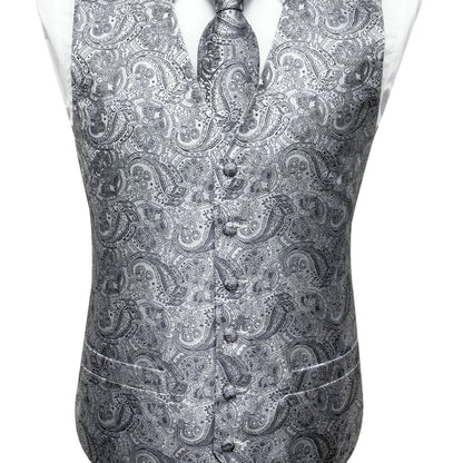 Men's Gray Paisley V-neck Suit Vest And Tie Set For Wedding Party Christmas Gifts