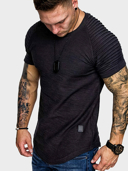 Men's Casual Solid T-shirt With Pleated Raglan Sleeve For Sports Gym Workout