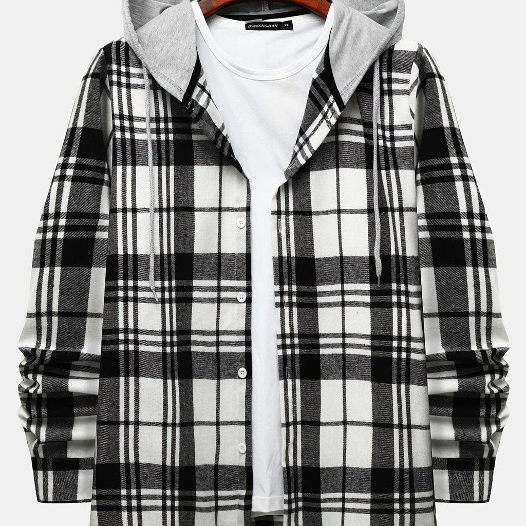 One Size Smaller,  Flannel Loose Shirt For Men Plaid Long Sleeve Casual Button-Down Shirts With Hood Christmas Gifts