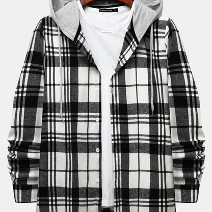 One Size Smaller,  Flannel Loose Shirt For Men Plaid Long Sleeve Casual Button-Down Shirts With Hood Christmas Gifts