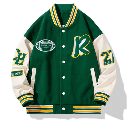 Men's Stand Collar Casual Loose Sports Jacket Color Block "R" Letter Embroidery Button Pocket Coat Top Clothes