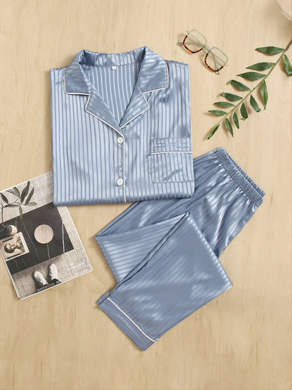 1pc Men's Satin Button Up Striped Pajama Set, Men's Sleepwear