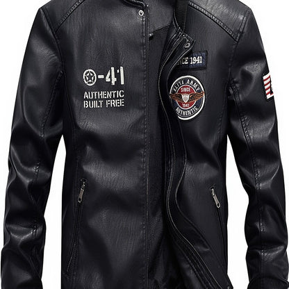 Men's Stand Collar Pu Leather Coat, Baseball Modern Jacket, Casual Long Sleeve Motorcycle Outwear Jacket