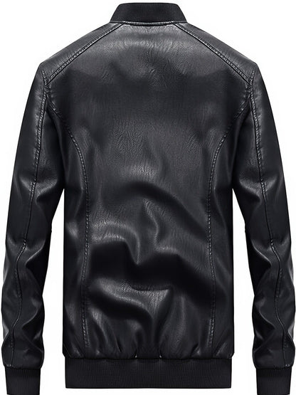 Men's Stand Collar Pu Leather Coat, Baseball Modern Jacket, Casual Long Sleeve Motorcycle Outwear Jacket