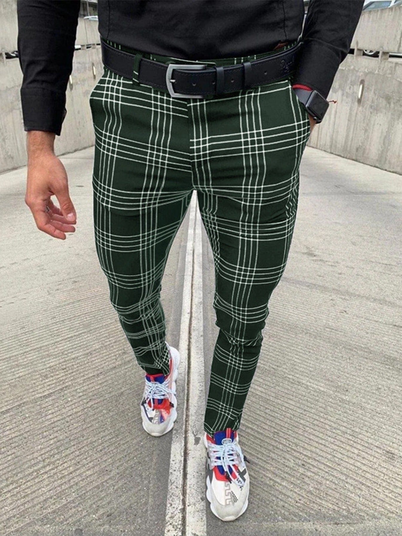 Men's Chino Plaid Casual Long Pants, Formal Business Pants Slim Fit Lattice Plaid Trousers