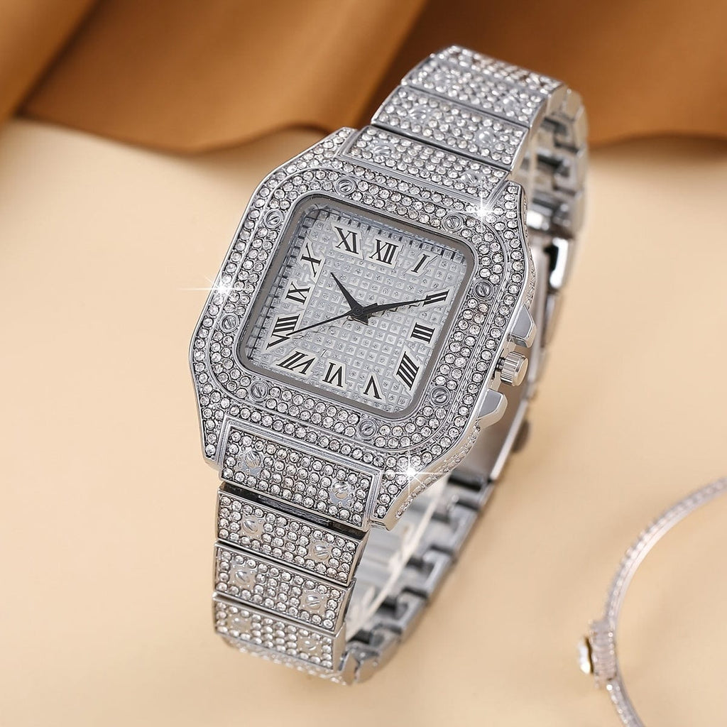 1pc Men's Rhinestone Square Big Dial Hip Hop Watch + 1pc Rhinestone Chain Zinc Alloy Bracelet Set(1 Watch + 1 Bracelet)