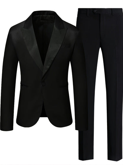 Men's V-neck Blazer Suit With Pants, One Button Top, Plain Color Smart Casual Wear