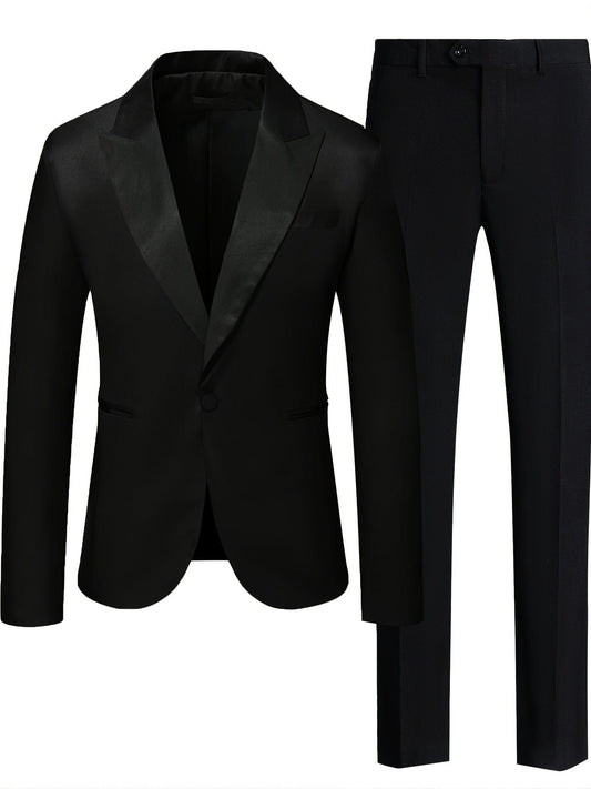 Men's V-neck Blazer Suit With Pants, One Button Top, Plain Color Smart Casual Wear