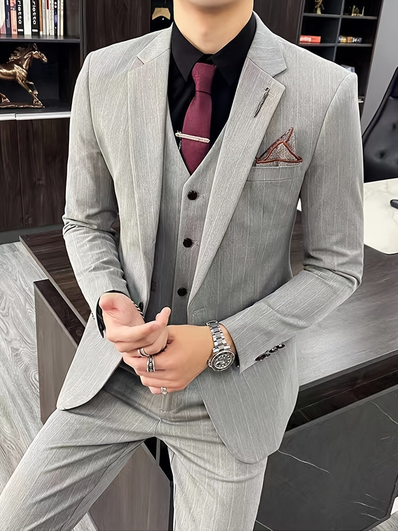 Small Size & Order Size Up, Men's Casual Striped Light Gray Suit