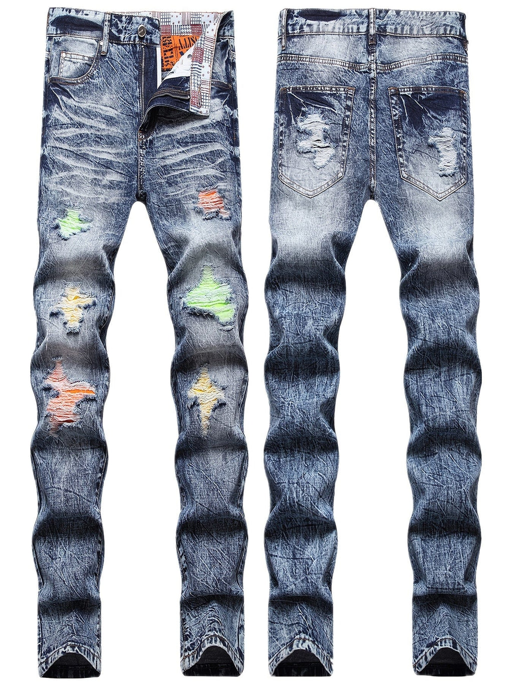 Men's Ripped Patched Jeans, Winter Casual Colorblock Slim Fit Straight Cotton Jeans