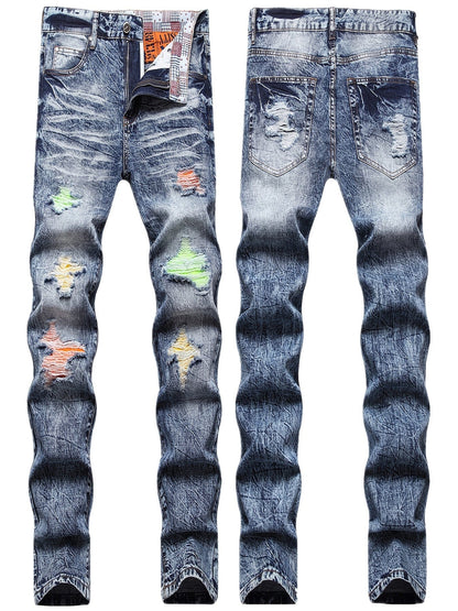 Men's Ripped Patched Jeans, Winter Casual Colorblock Slim Fit Straight Cotton Jeans