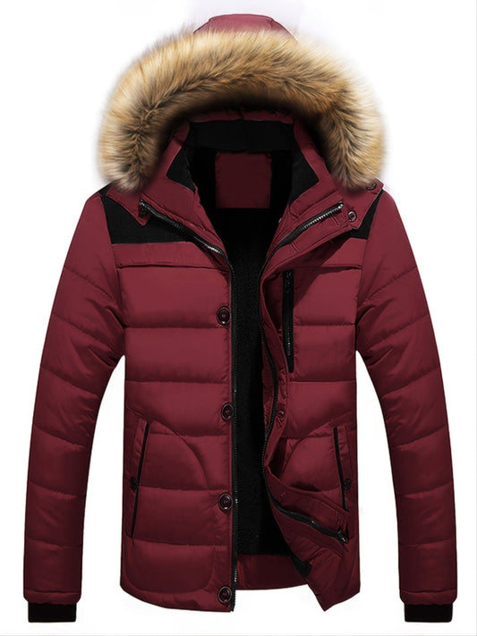 Men's Winter Fleece Padded Jacket With Detachable Faux Fur Hood