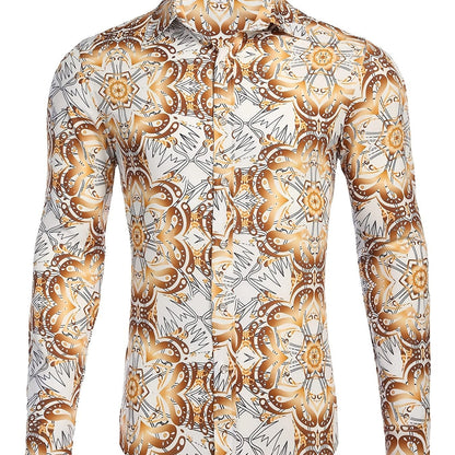 Men's Long Sleeve Luxury Design Print Dress Shirt, Casual Button Down Shirt For Party, Wedding, Banquet, Prom, Nightclub