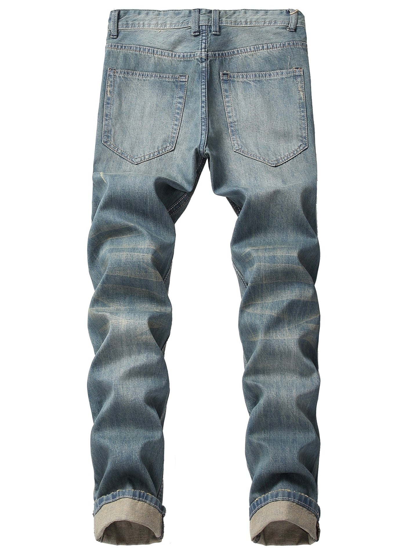 Men's Slim Fit Straight Ripped Distressed Jeans, Washed Denim Pants With Zipper