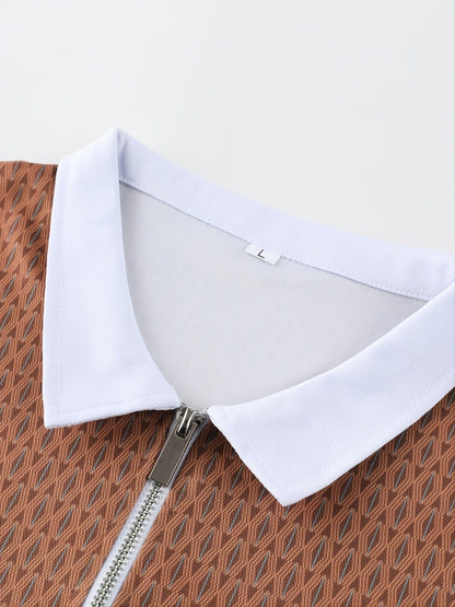 Small Size & Order Size Up, New Men's Casual Slim Fashionable Street Style Dark Brown Lapel Short Sleeves Polo Shirt With Floral Print Christmas Gifts