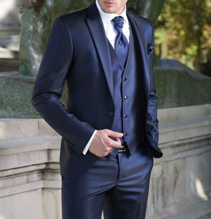 Fashion Casual Custom Made Groom Tuxedo Navy Blue Peak Lapel Wedding/Prom Best Man Suits Bridegroom (Jacket+Pants+Vest)