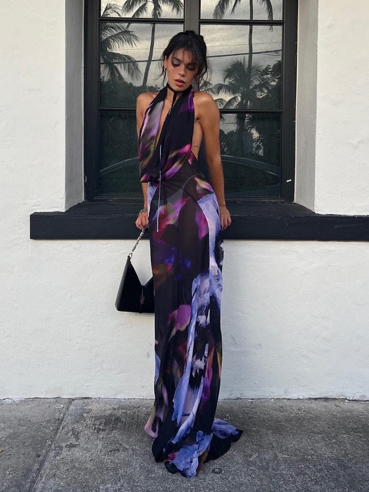 Backless Maxi Dress Women Sexy Purple Print Halter Bodycon Dress Summer Beach Outfits Elegant Sleeveless Club Party Dress 2022