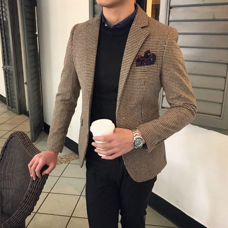 Jachetă de costum pentru bărbați, cafea, din lână, tweed, retro, pentru afaceri, cu guler croit, sacou casual pentru nuntă, costume de mire 2021