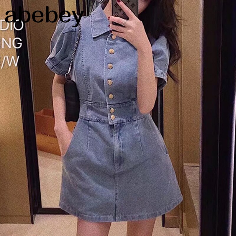 Hollow out knot tie blue denim dress Elegant puff short sleeve bodycon jeans dress Sexy street wear women summer dress