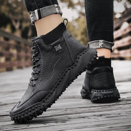 New Winter Men's Boots Thick Plush Warm Men's Snow Boots Leather Men's Ankle Boots Handmade Motorcycle Boots Outdoor Men's Shoes