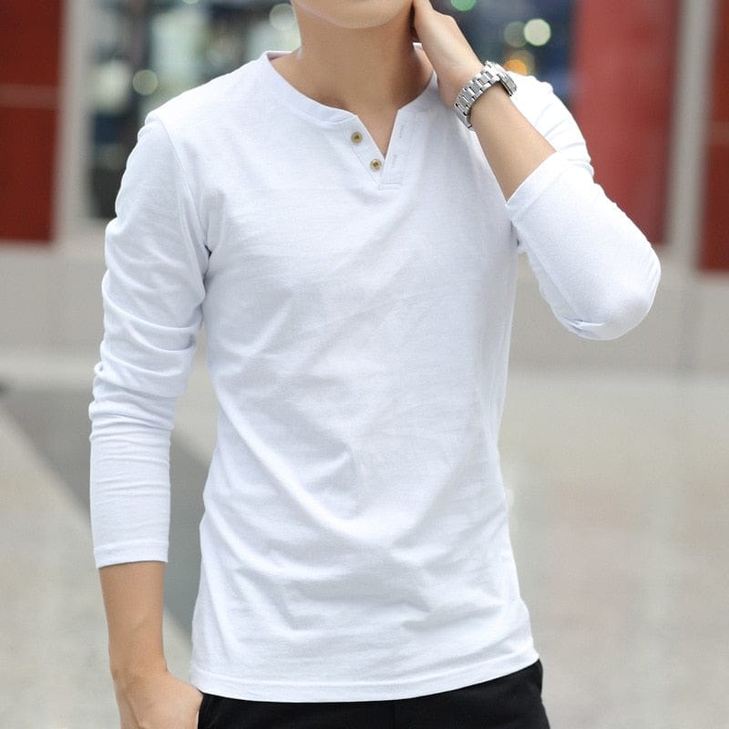 New Long Sleeve Autumn Linen t shirts Male Casual men tops Tee Shirt Homme Fashion V-Neck Tops tshirt Solid Color White Cotton