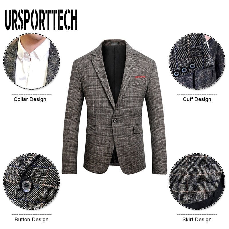 URSPORTTECH Men&#39;s Blazer British&#39;s Style Casual Slim Fit Suit Jacket Male Plaid Blazers Men Coat Terno Masculino Plus Size M-5XL