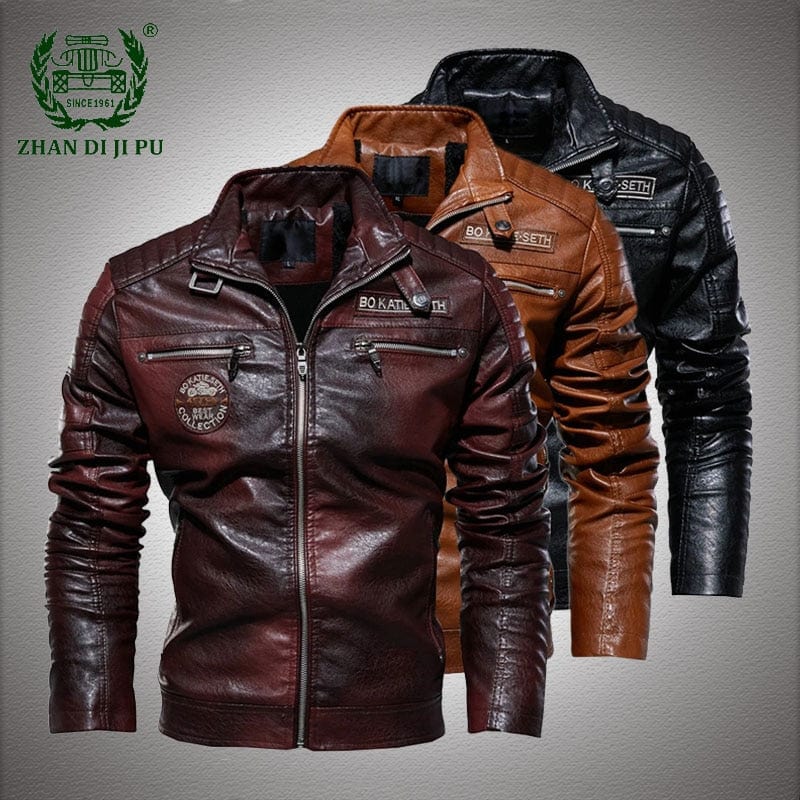 PU Leather Jacket Men Winter Fleece Warm Faux Leather Jackets Male Casual Stand Collar Motorcycle Windbreaker Military Mens Coat