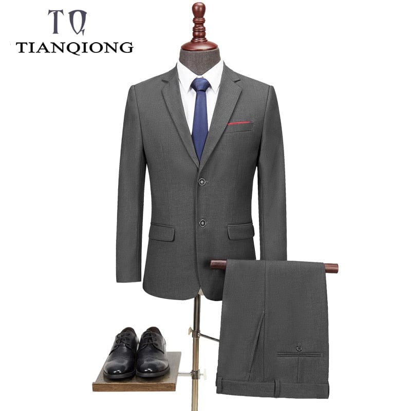 TIAN QIONG New Men &#39;s Suit Two -piece Black Navy Suits Men 2019 Brand Slim Fit Groom Wedding Suit Korean Jacket Pants Trousers