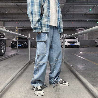 Men Jeans Wide Leg Denim Cargo jean pants Loose Straight Baggy Men's Jeans hip hop Streetwear Skateboard  Neutral denim Trousers