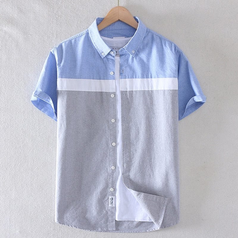 Schinteon Brand Men Summer 100% Cotton Shirt Oxford Short sleeved Smart Casual Slim Patchwork Shirt Turn-down Collar New