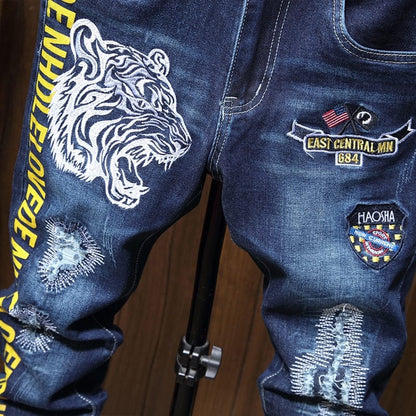 Male Jeans Men Men'S Jean Homme Denim Slim Fit Pants Trousers Blue Biker Printing Jeans For Men Skinny Casual Fashion Sweatpants