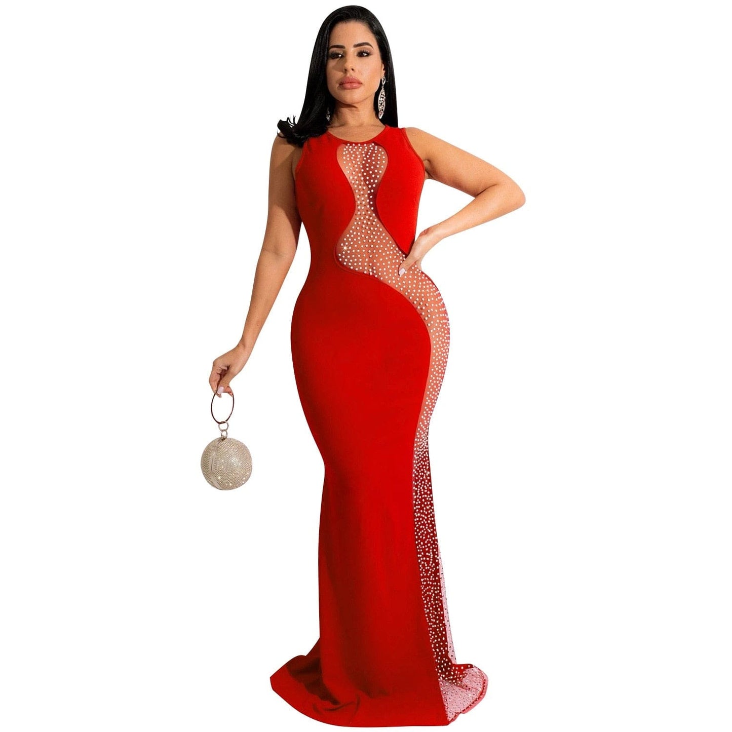 QILI Sexy Hot Rhinestone Mesh See-through Sleeveless Backless Long Skirt Dress Women