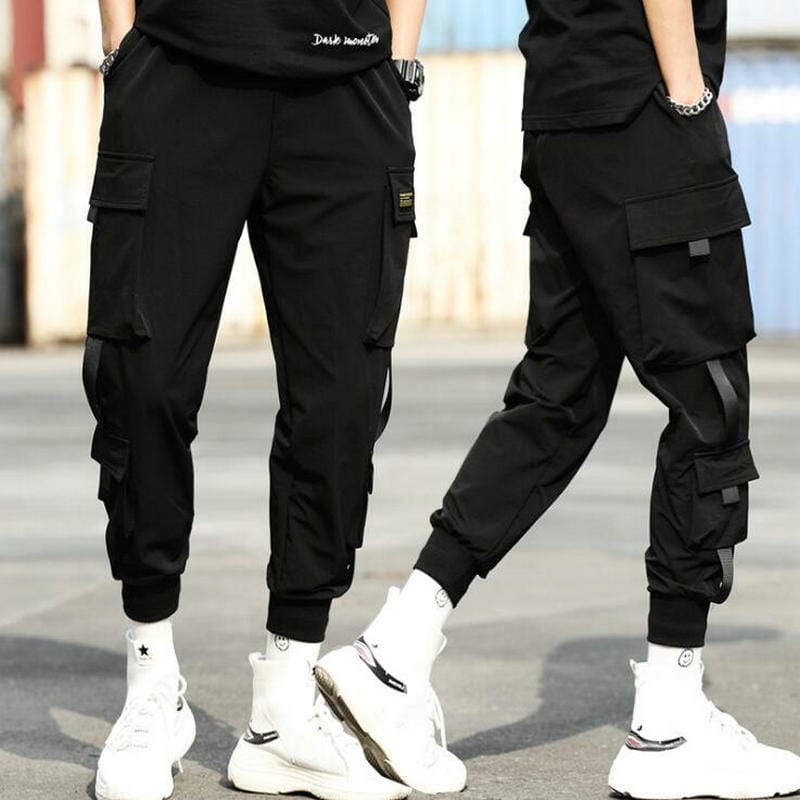 Streetwear Hip Hop Pantaloni harem negri pentru bărbați Pantaloni punk cu talie elastică cu panglici Pantaloni de jogger subțiri ocazional Pantaloni hip hop pentru bărbați