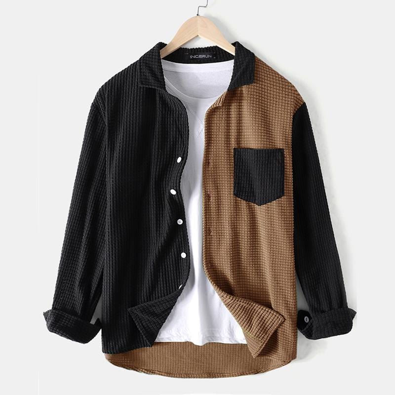 INCERUN Men Shirt Patchwork 2022 Turn Down Collar Long Sleeve Chic Blouse Streetwear Button Casual Camisas Hombre Men Clothing 7