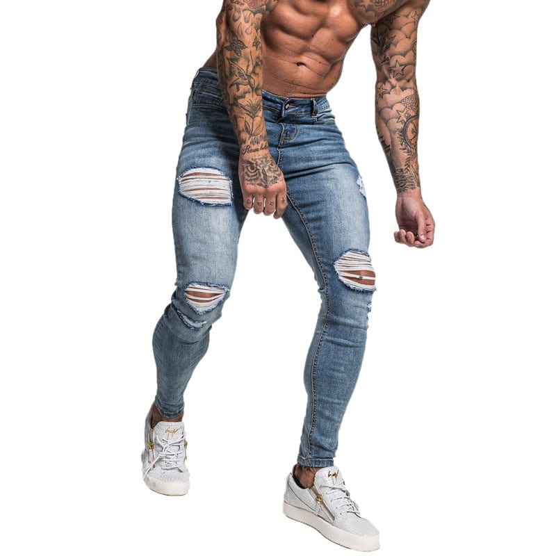 Gingtto Blugi pentru bărbați Skinny Stretch Blugi reparați Albastru deschis Hip Hop Distressed Super Skinny Slim Fit Bumbac Confortabil Mărime mare