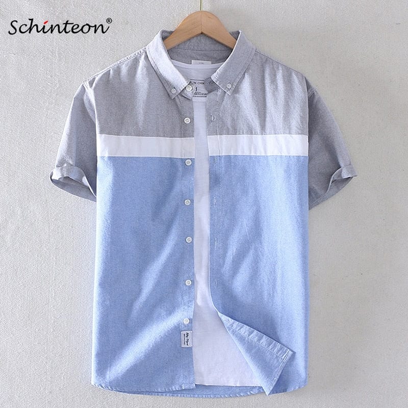 Schinteon Brand Men Summer 100% Cotton Shirt Oxford Short sleeved Smart Casual Slim Patchwork Shirt Turn-down Collar New