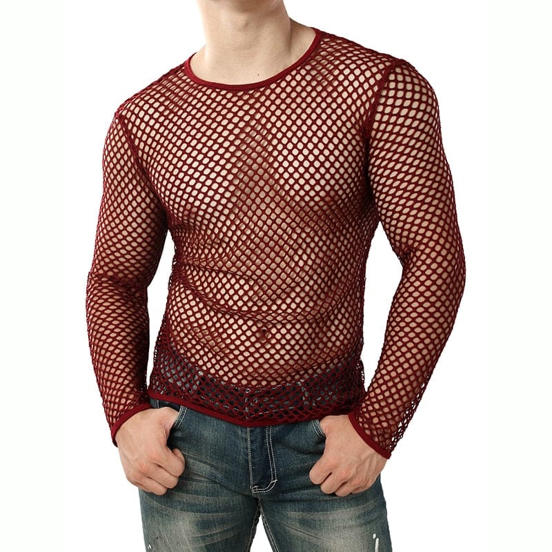 Mens Transparent Sexy Mesh T Shirt 2021 New See Through  Fishnet Long Sleeve Muscle Undershirts Nightclub Party Perform Top Tees