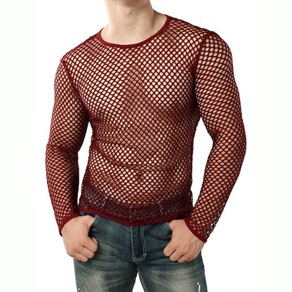 Mens Transparent Sexy Mesh T Shirt  New See Through  Fishnet Long Sleeve Muscle Undershirts Nightclub Party Perform Top Tees