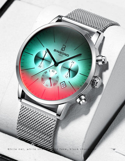 New Top Luxury Fashion Brand  Watch Men Color Bright Glass Chronograph Men's Stainless Steel Business Clock Men Wrist Watch