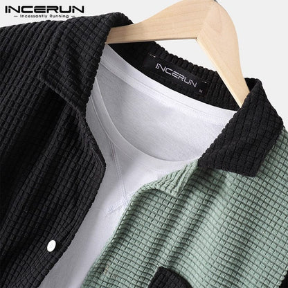 INCERUN Men Shirt Patchwork  Turn Down Collar Long Sleeve Chic Blouse Streetwear Button Casual Camisas Hombre Men Clothing 7