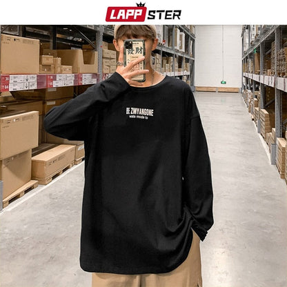 LAPPSTER Men Graphic Letter T Shirt Long Sleeve  Autumn Mens Harajuku Streetwear Kpop Tshirts Colorful Tops Tees Plus Size