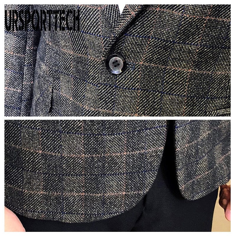 URSPORTTECH Men&#39;s Blazer British&#39;s Style Casual Slim Fit Suit Jacket Male Plaid Blazers Men Coat Terno Masculino Plus Size M-5XL