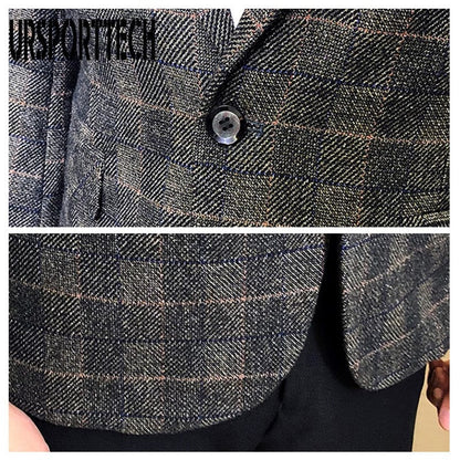 URSPORTTECH Men's Blazer British's Style Casual Slim Fit Suit Jacket Male Plaid Blazers Men Coat Terno Masculino Plus Size M-5XL