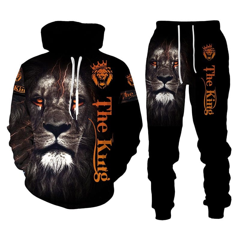 3D animal Lion Print Hoodie + Pants Two Piece Set Tracksuit Men Hooded Sweatshirts Autumn and Winter Men's Clothing Suit