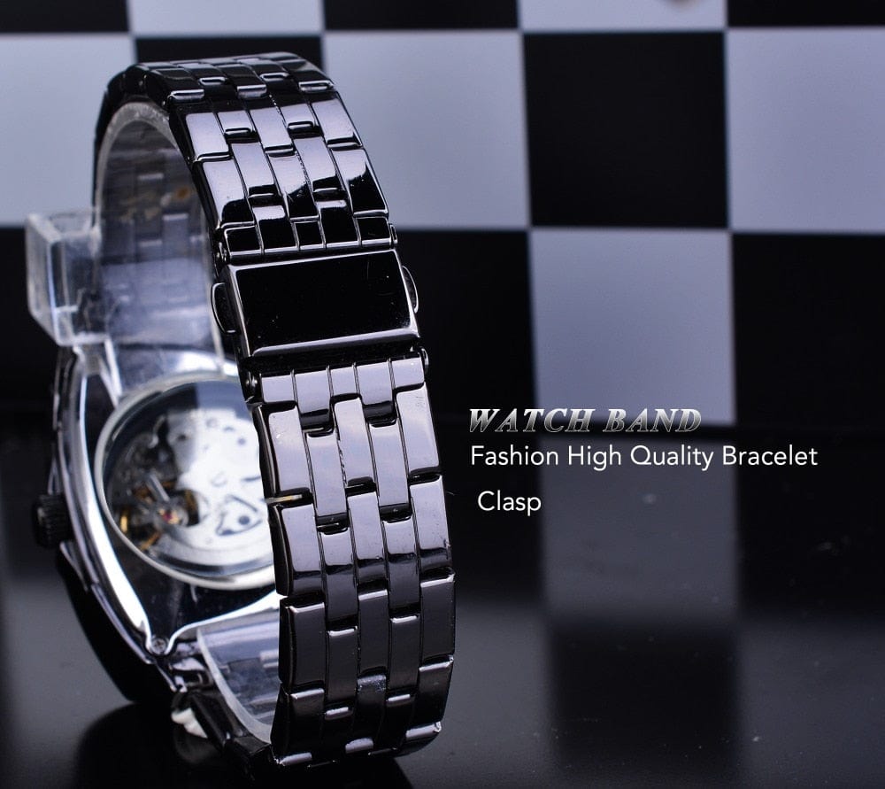 DUNCOUGAR Triangle Skeleton Black Automatic Watch Stainless Steel Men Business Sport Irregular Mechanical Wristwatch